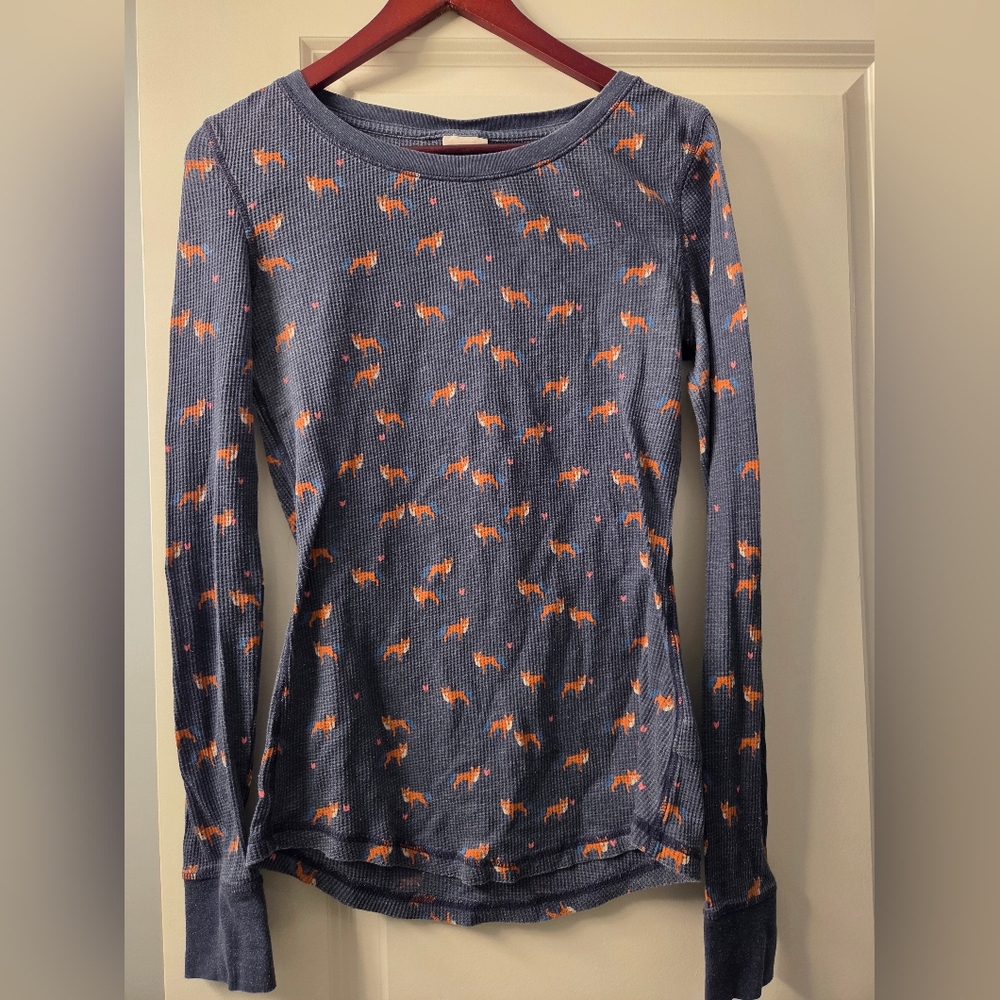 Women's Navy Fox Print Long Sleeve Henley
